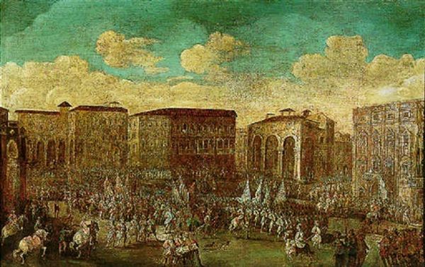 A Military Parade In An Imaginary Italian Piazza Oil Painting by Gherardo Poli