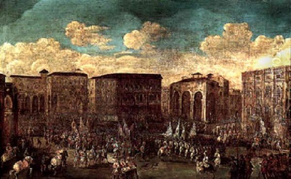 A Military Parade In An Imaginary Italian Piazza Oil Painting by Gherardo Poli