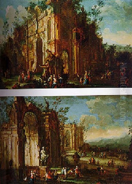 Elegant Figures By The Ruins Of Baroque Palaces Oil Painting by Gherardo Poli