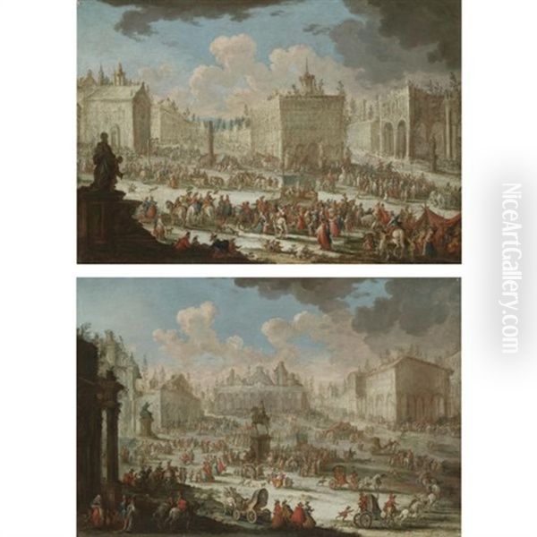 A Capriccio Of A Town With Galleys, Actors Performing On A Stage, And A Statue In The Foreground (+ A Capriccio Of A Town With Numerous Figures, A Horse-drawn Carriage And An Equestrian Statue In The Centre Of The Square; Pair) Oil Painting by Giuseppe Poli