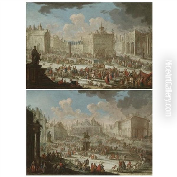 A Capriccio Of A Town With Galleys, Actors Performing On A Stage, And A Statue In The Foreground (+ A Capriccio Of A Town With Numerous Figures; Pair) Oil Painting by Giuseppe Poli