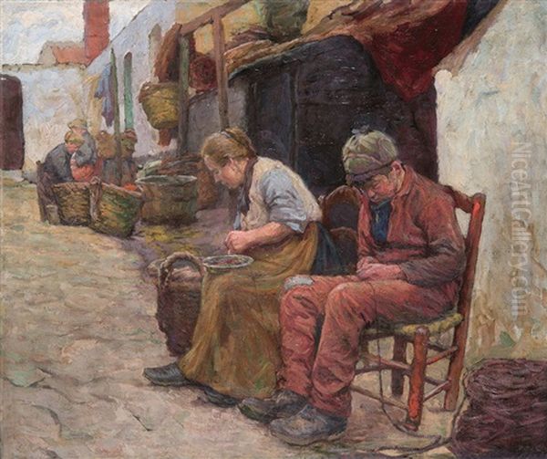 Netbraiders In Normandie Oil Painting by Hugo Poll