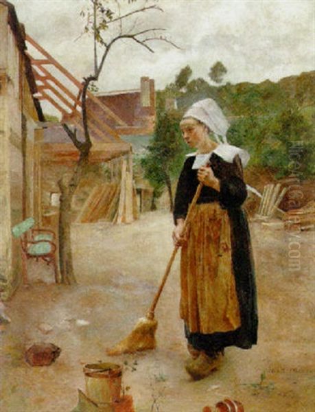 A Woman Sweeping Oil Painting by Hugo Poll