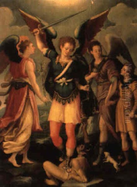 Der Hl. Michael, Tobias Und Zwei Engel Oil Painting by Antonio Del Pollaiuolo