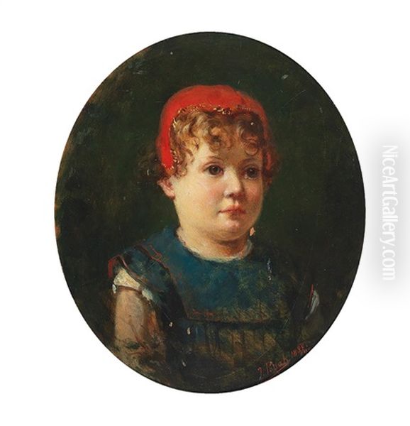 Girl With Red Cap Oil Painting by Julius Pollak