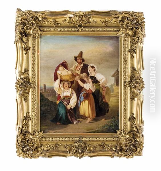 Italienische Familie Mit Schlafendem Kind In Landschaft Oil Painting by Leopold Pollak