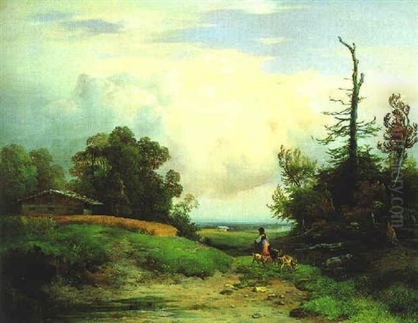 Ziegenhirtin Auf Eine Weite Landschaft Blickend Oil Painting by Wilhelm Pollak