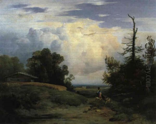 Ziegenhirtin In Einer Weiten Landschaft Oil Painting by Wilhelm Pollak