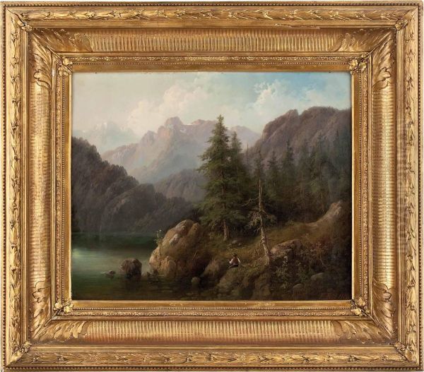 Sommertag Mit Einem Angler Am Gebirgssee Oil Painting by Eduard Boehm