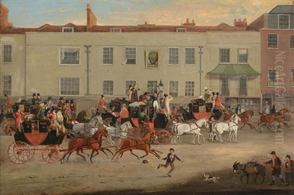 North Country Mails At The Peacock, Islington; The Elephant And Castle On The Brighton Road (pair) Oil Painting by James Pollard