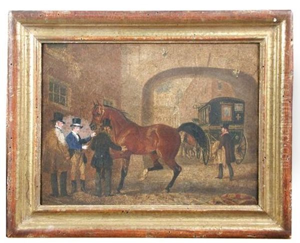 The Story Of A Bay Thoroughbred And His Adventures - Being Examined By Prospective Buyers Outside A Coaching Inn; Escaping By Jumping A Gate Out Of A Corral; Galloping Through A Rose Garden And Greenhouse, Pursued By Gardeners; Befriending A Local Donkey  Oil Painting by James Pollard