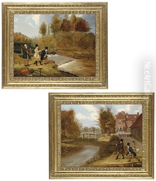 Trolling For Pike On The River Lee (+ Fly Fishing On The River Lee, Near The Ferry Boat Inn; Pair) Oil Painting by James Pollard