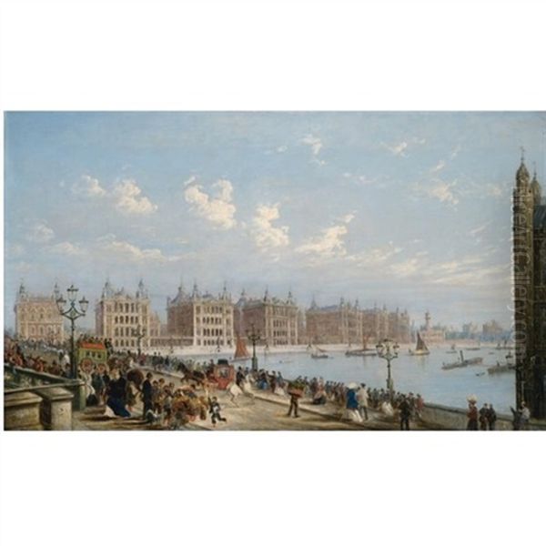 View Of Westminster Bridge And St. Thomas's Hospital Oil Painting by James Pollard