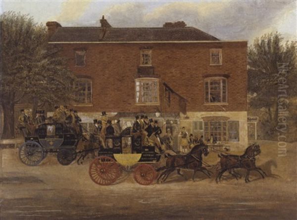 The Birmingham Tally-ho! Coaches Passing The Crown Inn At Holloway Oil Painting by James Pollard