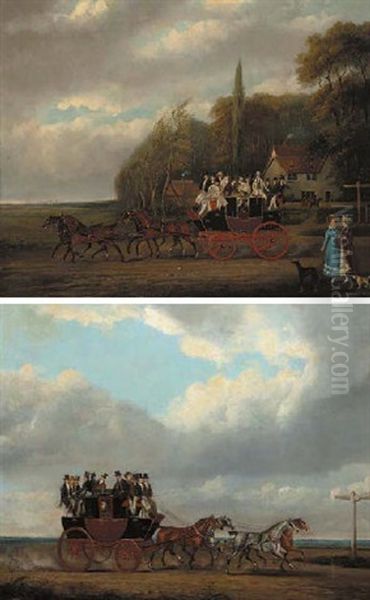 The Bedford To London Coach In An Extensive Landscape Oil Painting by James Pollard