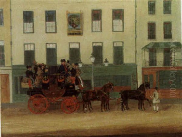 The Derby, Leicestershire And Manchester Coach At The Peacock, Islington Oil Painting by James Pollard