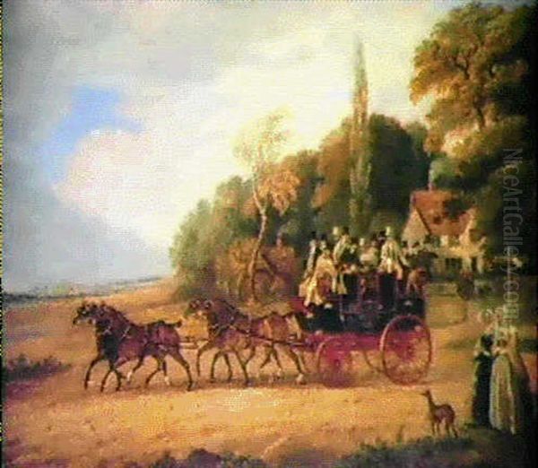 The Lawrence Commercial Oxford To London Coach, With A      Distant View Of Oxford Oil Painting by James Pollard