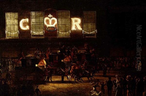 The Royal Mails At The Angel, Islington On The Night Of His Majesty George Iv's Birthday, 1828 Oil Painting by James Pollard