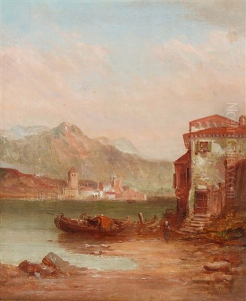 Italian Coastal Scape With Mountains In The Back Oil Painting by Alfred Pollentine