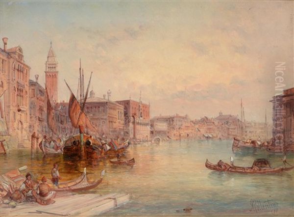 Venetian Scene With Gondolas And Other Shipping Oil Painting by Alfred Pollentine