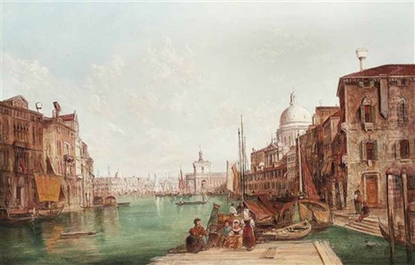 Figures Sitting On A Jetty On The Grand Canal, Venice Oil Painting by Alfred Pollentine