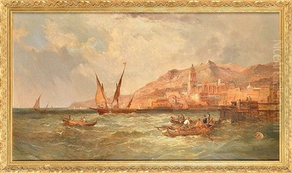 Malaga - A Spanish Coastal Scene Depicting Fishermen In Rowing Boats And Other Vessels In Open Water Off The Malaqueta Quay Oil Painting by Alfred Pollentine