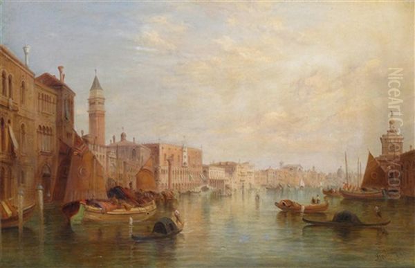 San Maggiore, Venice From The Water; Feluccas And Gondolas On The Grand Canal, Venice (a Pair) Oil Painting by Alfred Pollentine