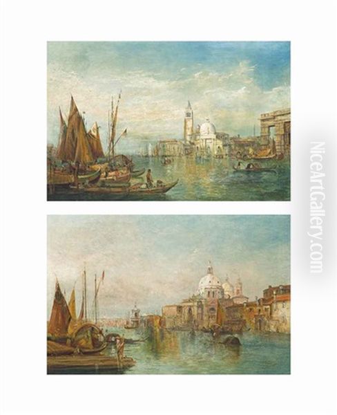 Santa Maria Della Salute, Venice; And The Dogana, Venice (pair) Oil Painting by Alfred Pollentine