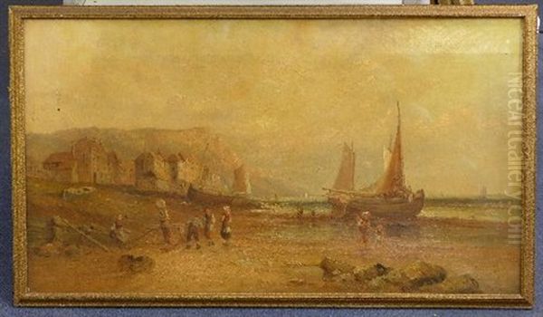 Fisherfolk On The Shore At Low Tide Oil Painting by Alfred Pollentine