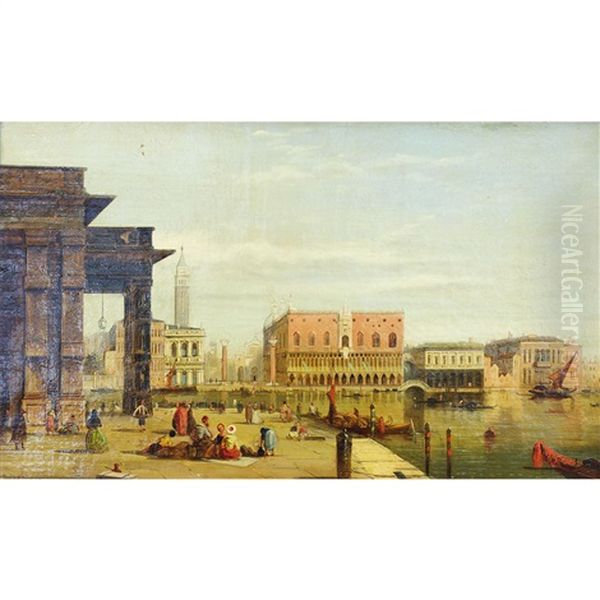 Venice With The Ducal Palace And The Campanile Tower And Grand Canal With Campanille Tower And Spectators (pair) Oil Painting by Alfred Pollentine