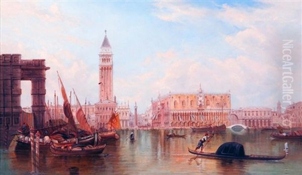 Anta Maria Della Salute And View Of Piazza San Marco (a Pair) Oil Painting by Alfred Pollentine