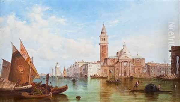 St Mark's On The Canal With Gondolas And Sail Boats Oil Painting by Alfred Pollentine