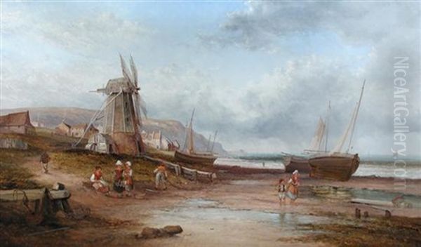 Children On A Beach By A Windmill Oil Painting by Alfred Pollentine