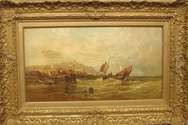 Seascape With Boats By Dock Oil Painting by Alfred Pollentine