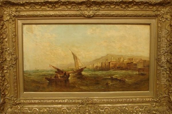 Seascape With Boats In Water By Coastline Oil Painting by Alfred Pollentine