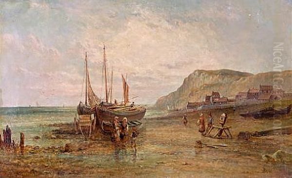 Beached Fishing Boats, Low Tide Oil Painting by Alfred Pollentine