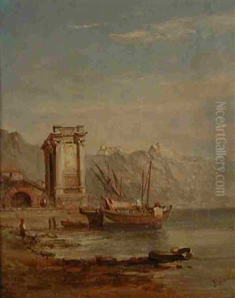 Italian Lakeside Scene Oil Painting by Alfred Pollentine