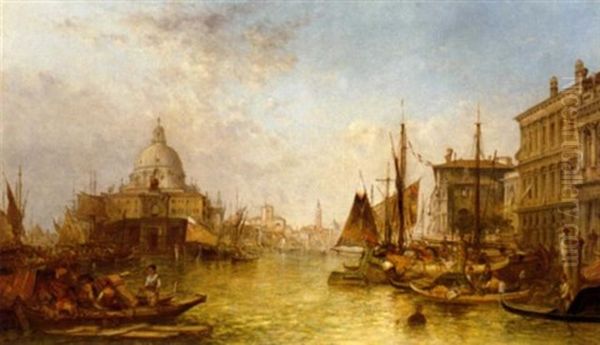 Gondolas And Bragozzi Near The Punta Della Dogana With A View Of La Salute, Venice Oil Painting by Alfred Pollentine