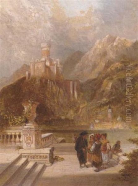 Figures On A Terrace Before An Italianate Lake, A Hilltop Castle Beyond by Alfred Pollentine