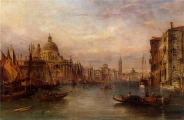 Gondolas On The Grand Canal With A View Of Santa Maria Della Salute, Venice Oil Painting by Alfred Pollentine