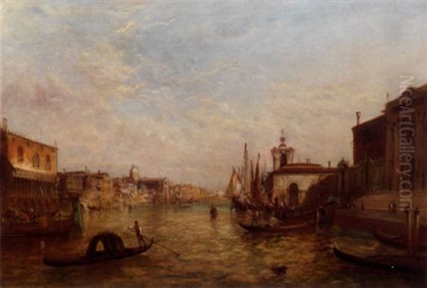 Gondoliers On The Grand Canal Near The Punta Della Dogana With Palazzo Ducale Beyond, Venice Oil Painting by Alfred Pollentine