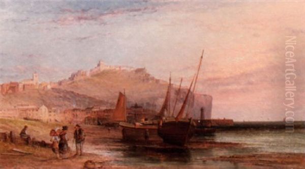 Fishermen By The Shore Of A Coastal Sea Village Oil Painting by Alfred Pollentine