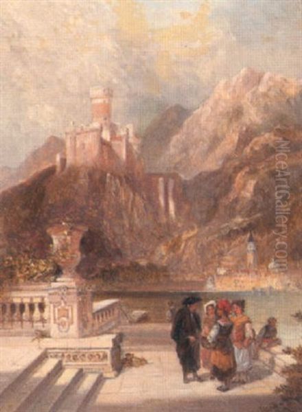 Figures On A Terrace Overlooking An Italian Lake Oil Painting by Alfred Pollentine