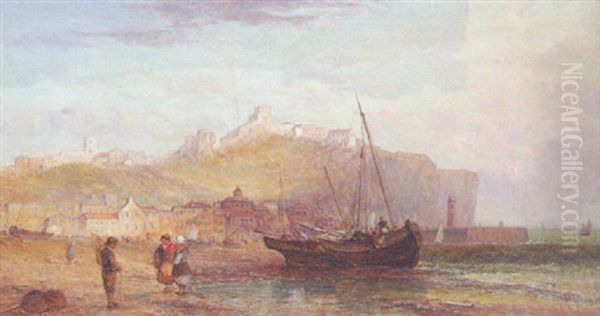 Fisherfolk On The Beach, Scarborough Oil Painting by Alfred Pollentine