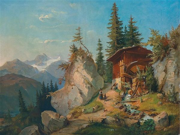 Hochgebirgslandschaft Mit Einer Wassermuhle Oil Painting by Felix Pollinger