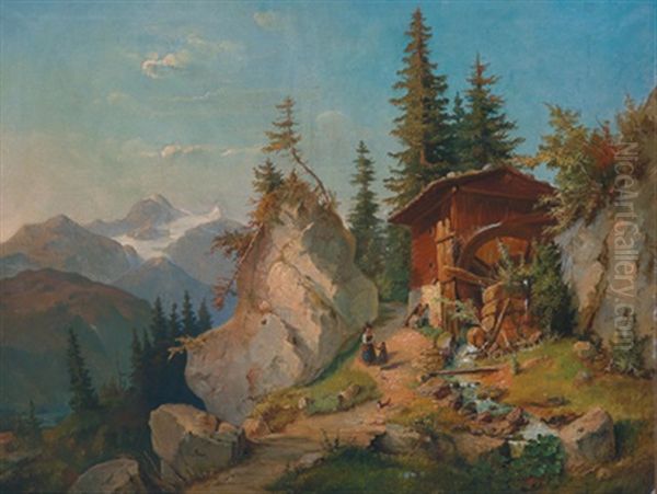 Hochgebirgslandschaft Mit Einer Wassermuhle Oil Painting by Felix Pollinger