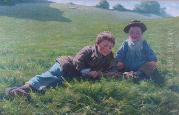 Two Boys With A Snail Oil Painting by Max Bohm