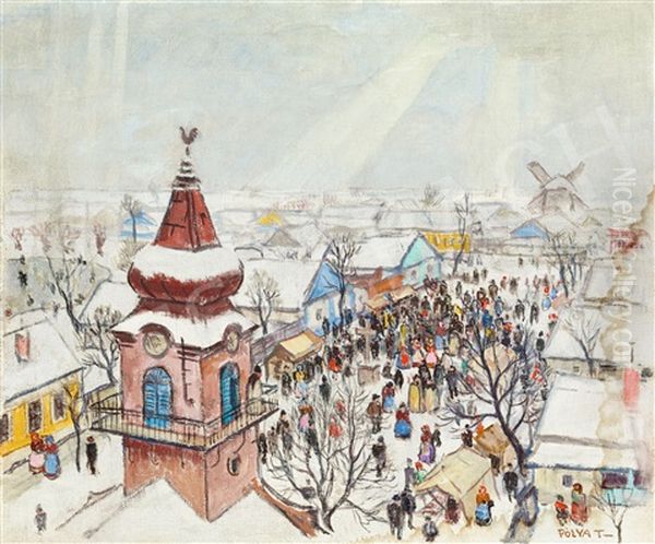 Market In Szolnok In The Winter Oil Painting by Tibor (Theodor) Polya