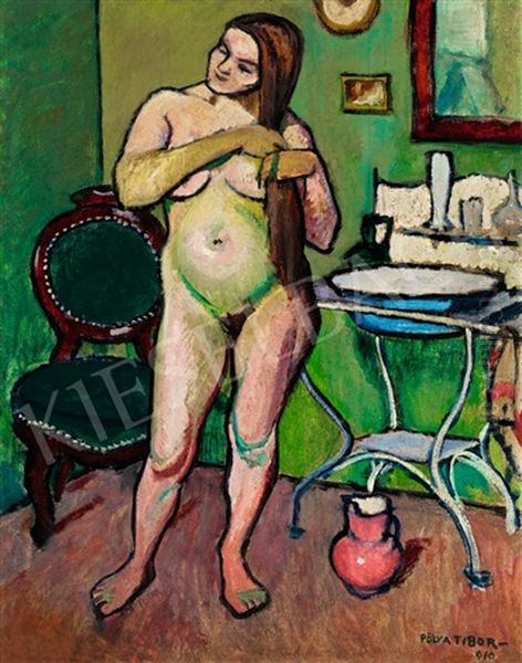 Nude Combing In The Studio Oil Painting by Tibor (Theodor) Polya