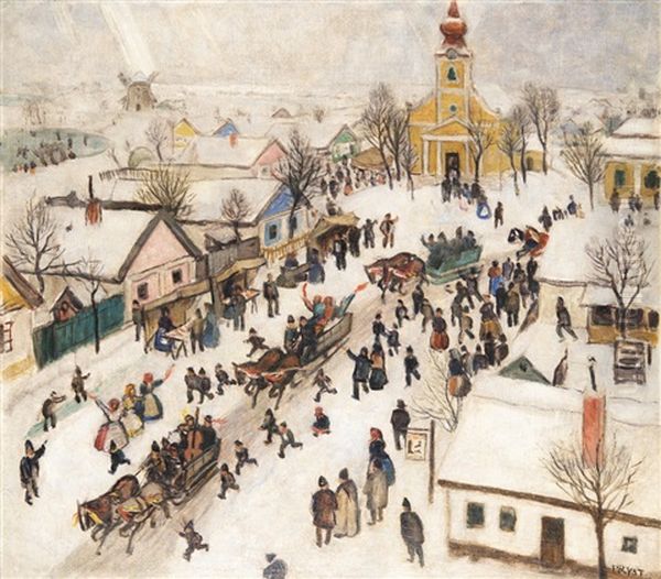 Wedding In Winter Oil Painting by Tibor (Theodor) Polya